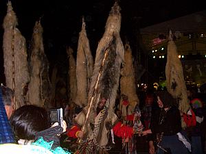 Crazy carnival costumes - about a dozen guys wearing these crazy hats. They also had tin cans roped around their waist, so they made hilarious noises as they jumped up and down.