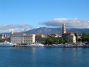 Split's old town with the mountains in the background -- from the ferry to Hvar.