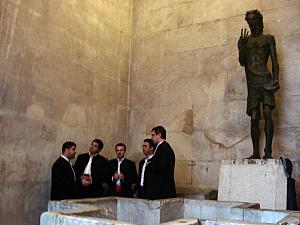 acapella singers inside Jupiter's Temple / the baptistry. Jupiter's Temple was a pagan worship room, was turned into a baptistry (room for baptisms) by the catholics.