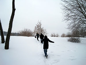 Walking through the snow in a park in Kaunas, Lithuania