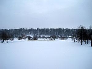 Walking through the snow in a park in Kaunas, Lithuania