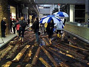 Another installation - in the lobby of one of Toronto's business buildings, a reflecting pool was transformed into a "logging river". Tree logs were dumped into the pool and we could walk down the reflecting pool on the logs. Weird and silly...