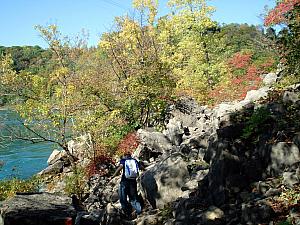 Hiking through a pile of rocks leftover from a landslide in the past - the trail had several areas like this, always my favorite part!