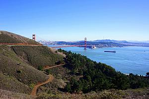 Looking back at the Golden Gate Bridge from the Golden Gate National Recreation Area, just northwest of the bridge.