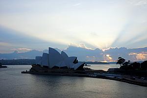 April 8: sunrise from our ship -- time to debark and travel home for 25 hours.