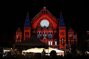 Music Hall lit up for Lumenocity 2013