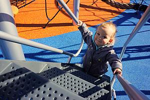 Capri climbing up the stairs to the big kid slide.