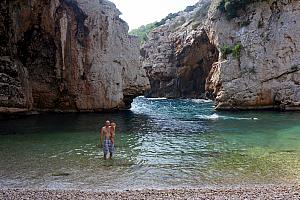 Dad and Capri enjoying a much quieter Stiniva Bay than the afternoon before.