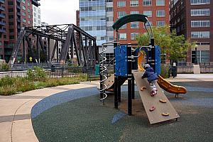 Playing at a park while waiting for the Denver Museum of Contemporary Art to open.